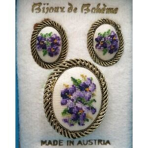 Vintage Bijoux de Boheme Austrian Petit Point Floral Brooch and Earrings‎ Set